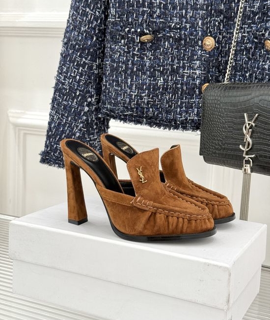 Yves Saint Laurent YSL Minimalist Logo Peep Toe Stiletto Heel Mules
