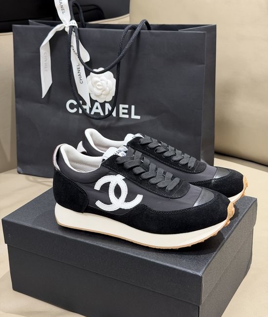 Chanel Lightweight Suede Stitched Sneakers With Textured Heel Design