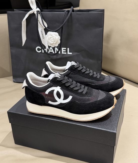 Chanel Lightweight Suede Stitched Sneakers With Textured Heel Design