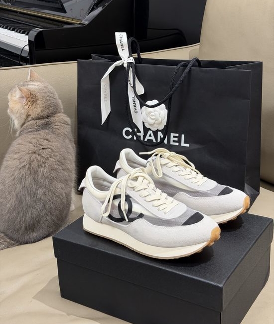 Chanel Lightweight Suede Stitched Sneakers With Textured Heel Design