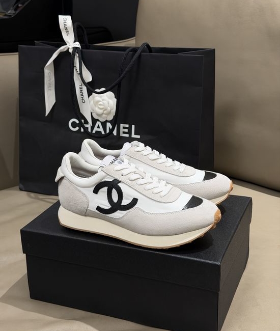 Chanel Lightweight Suede Stitched Sneakers With Textured Heel Design