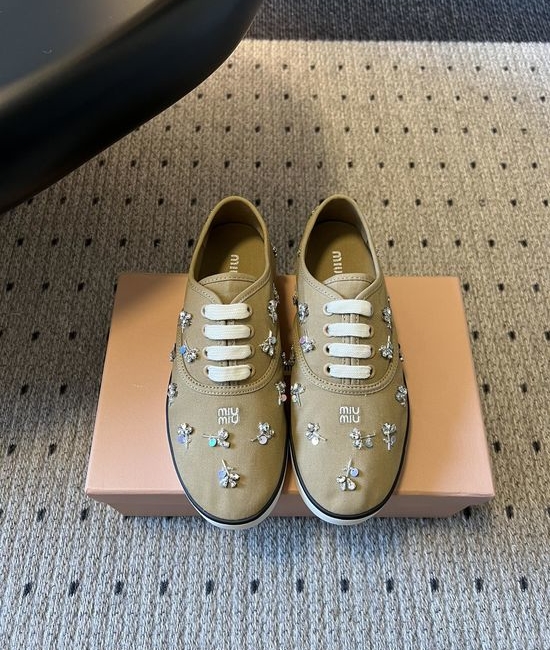 Miu Miu Rhinestone Embroidered Square Toe Casual Canvas Shoes