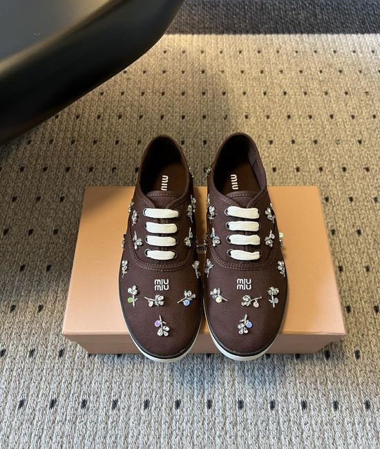 Miu Miu Rhinestone Embroidered Square Toe Casual Canvas Shoes