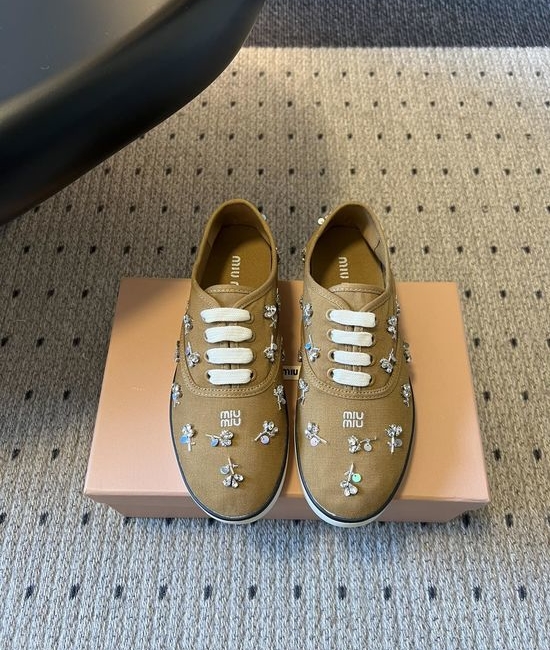 Miu Miu Rhinestone Embroidered Square Toe Casual Canvas Shoes