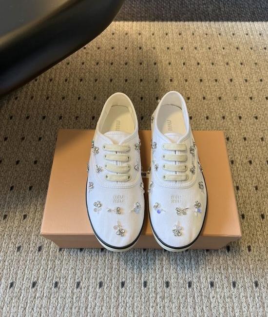 Miu Miu Rhinestone Embroidered Square Toe Casual Canvas Shoes