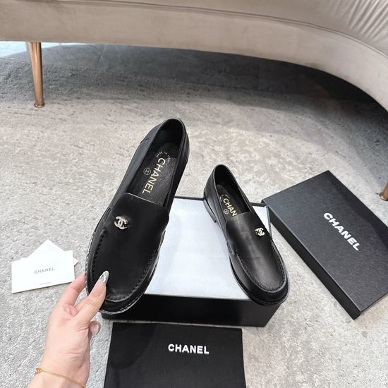 Chanel Rhinestone Buckle Polished Leather Slip On Classic Loafers