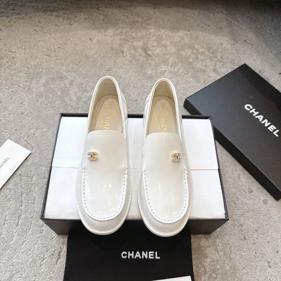 Chanel Rhinestone Buckle Polished Leather Slip On Classic Loafers