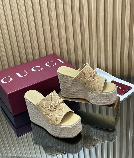 Gucci Suede Embossed Espadrille Platform Wedge Sandals
