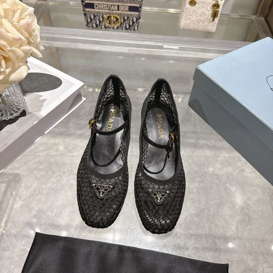 Prada Round Toe Block Heel Mary Jane Mesh Shoes