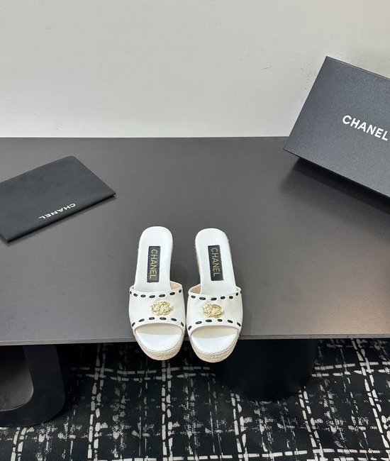 Chanel Cowhide Espadrille Platform Wedge Slip On Sandals