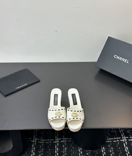 Chanel Cowhide Espadrille Platform Wedge Slip On Sandals