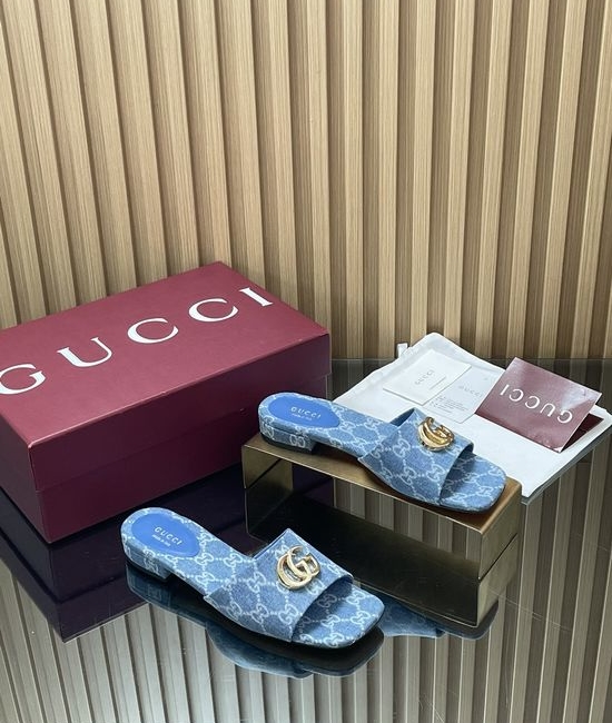Gucci Denim Buckle Flat Sandals With Premium Leather Lining