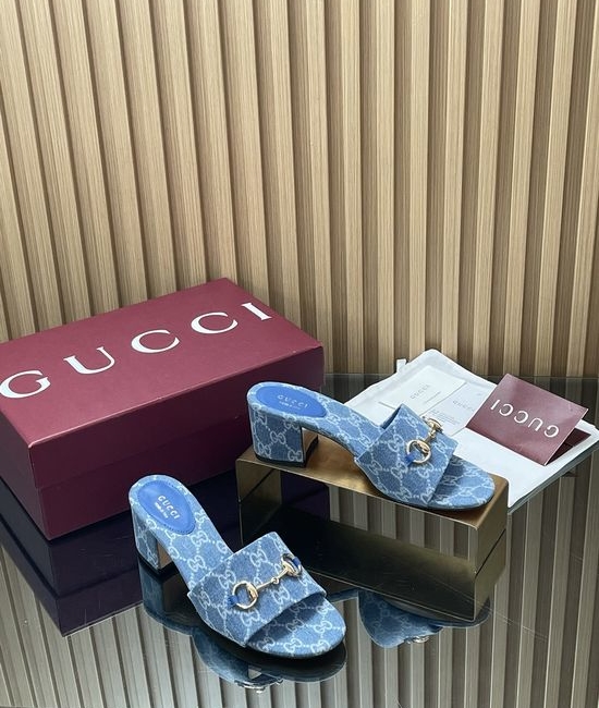 Gucci Classic Buckle Chunky Heel Denim Slide Sandals