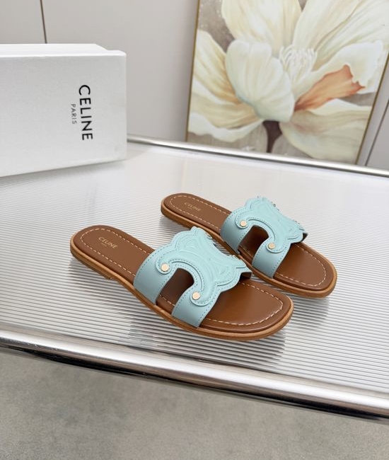 Celine Embossed Logo Cowhide Half Slippers Sheepskin Lining