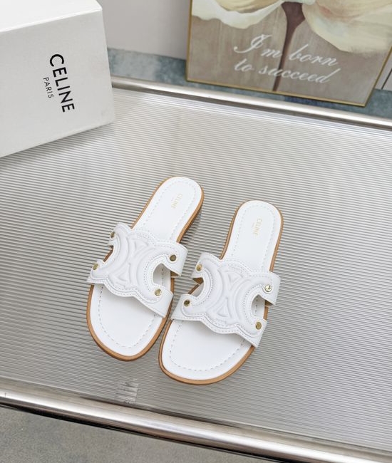 Celine Embossed Logo Cowhide Half Slippers Sheepskin Lining