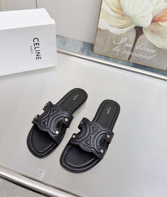 Celine Embossed Logo Cowhide Half Slippers Sheepskin Lining