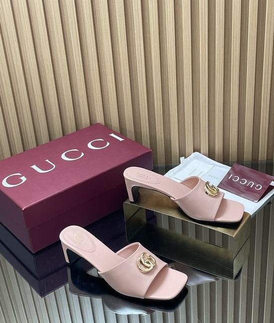 Gucci Vintage Buckle Chunky Heel Leather Slide Sandals
