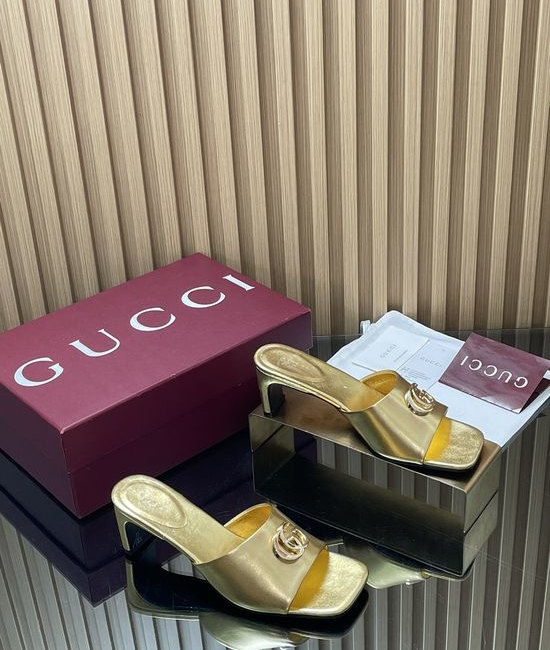 Gucci Vintage Buckle Chunky Heel Leather Slide Sandals