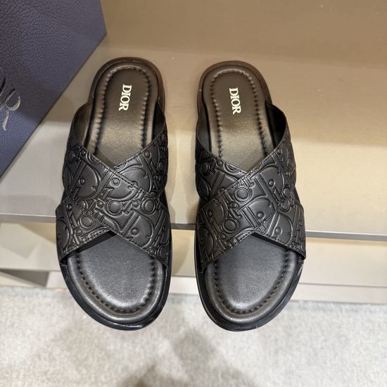 Christian Dior CD Genuine Leather Slides with Printed Fabric Brass Logo Detail