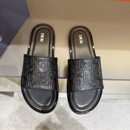 Christian Dior CD Genuine Leather Slides with Printed Fabric Brass Logo Detail