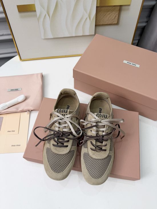Miu Miu Two-Tone Mesh Lace-Up Casual Flat Sneakers