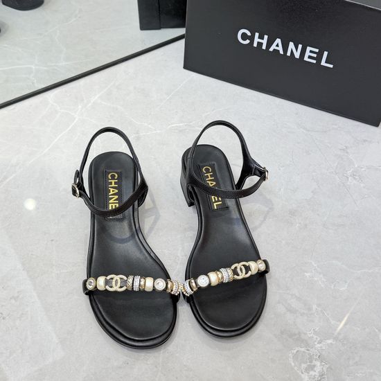 Chanel Rhinestone Strap Low Heel Leather Upper Comfort Sandals