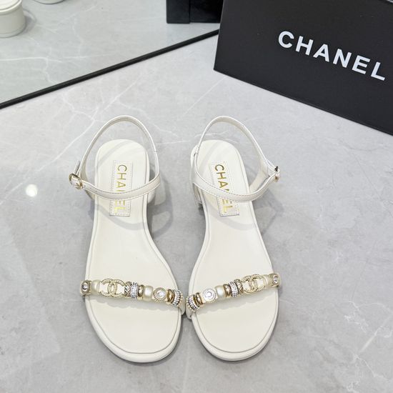 Chanel Rhinestone Strap Low Heel Leather Upper Comfort Sandals