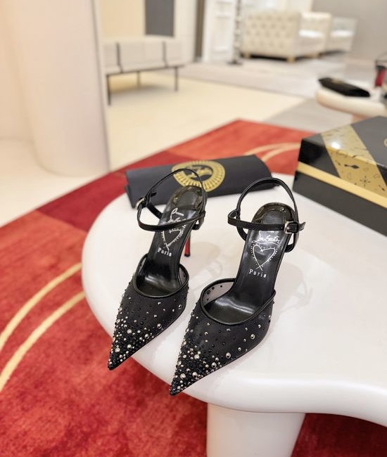 Christian Louboutine Mesh Rhinestone Decor Heeled Sandals Adjustable Ankle Strap