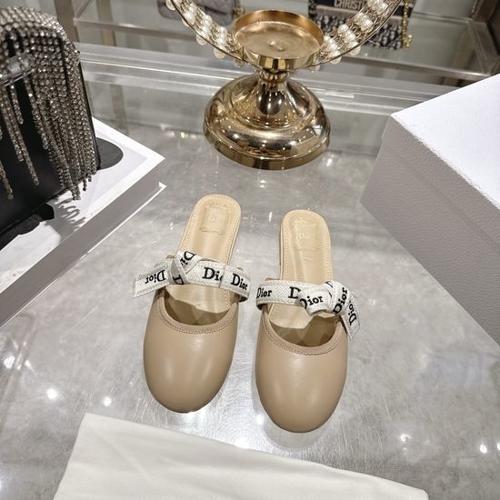 Christian Dior CD Embroidered Bow Flat Mule Slippers Comfortable Footwear