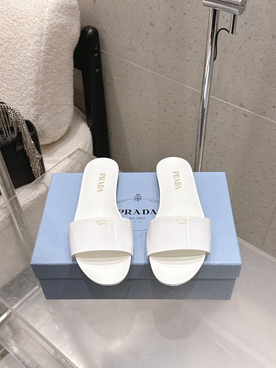 Prada Patent Leather Strap Flat Beach Slides With Sheepskin Lining