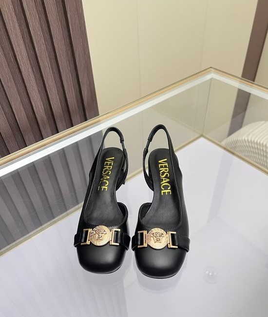 Versace Round Toe Leather Sandals Low Heel Comfortable Daily Wear