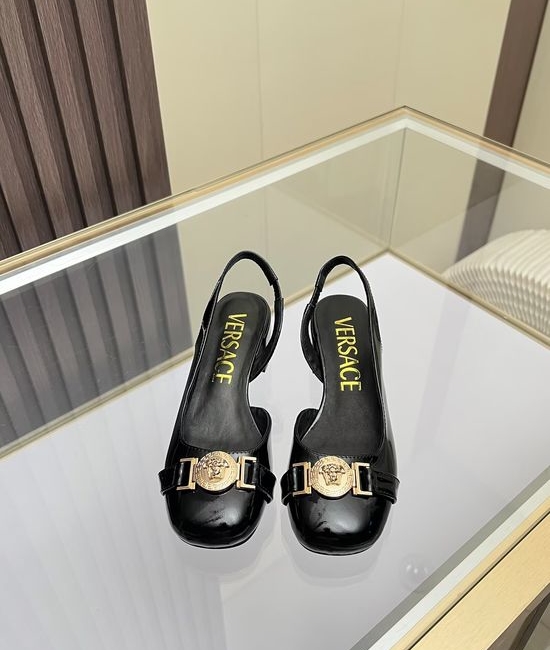 Versace Round Toe Leather Sandals Low Heel Comfortable Daily Wear
