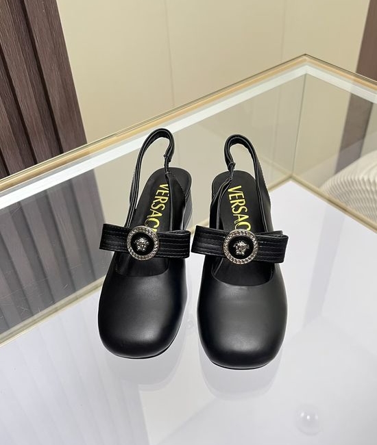 Versace Round Toe Leather Sandals Low Heel Comfortable Daily Wear