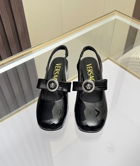 Versace Round Toe Leather Sandals Low Heel Comfortable Daily Wear