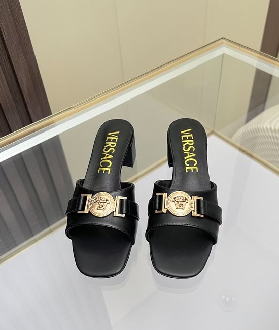 Versace Cowhide Chunky Heel Mules Comfortable Casual Footwear
