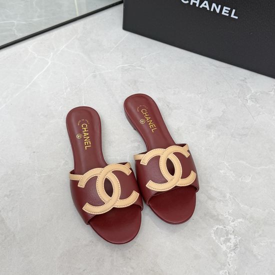 Chanel Logo Decor Leather Upper Comfort Flat Slide Slippers