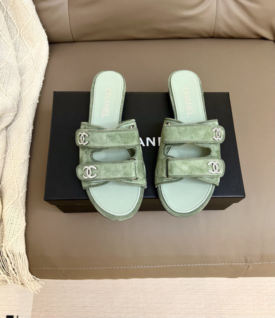 Chanel Rhinestone Buckle Adjustable Slide Sandals Suede Upper