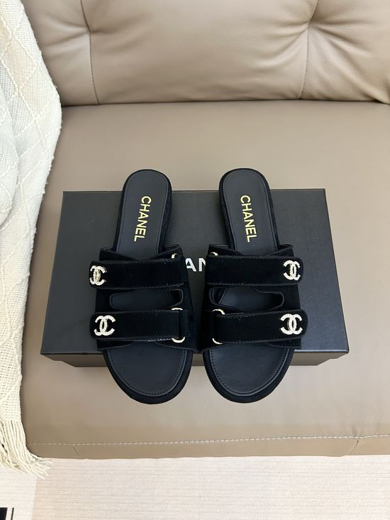 Chanel Rhinestone Buckle Adjustable Slide Sandals Suede Upper