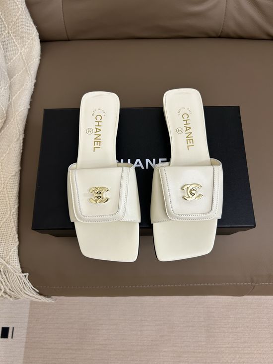 Chanel Square Buckle Flat Slide Sandals Premium Leather Lining