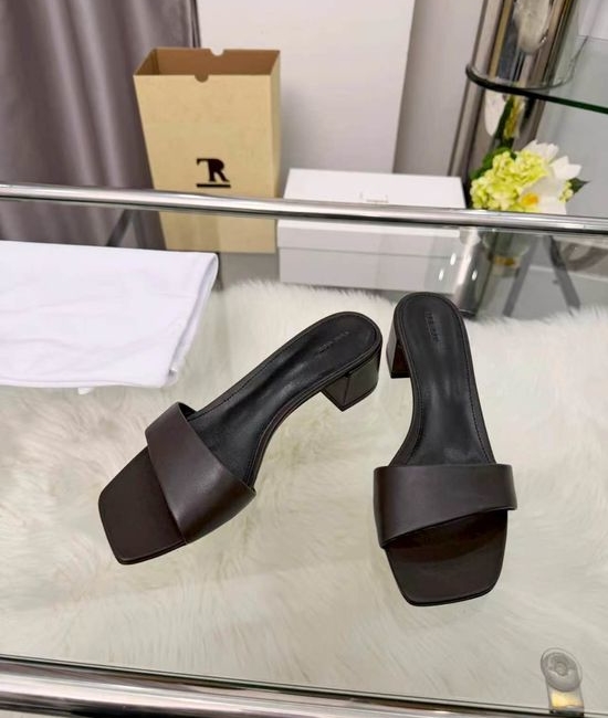 The Row Square Toe Block Heel Leather Slide Shoes Minimalist Versatile