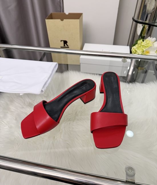 The Row Square Toe Block Heel Leather Slide Shoes Minimalist Versatile
