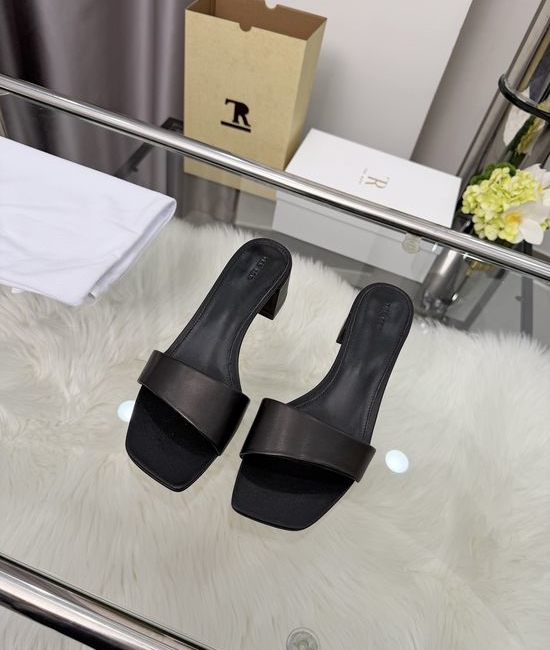 The Row Square Toe Block Heel Leather Slide Shoes Minimalist Versatile