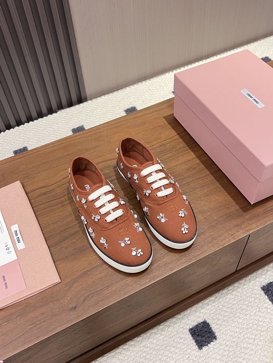 Miu Miu Rhinestone Decor Canvas Casual Flat Comfort Shoes