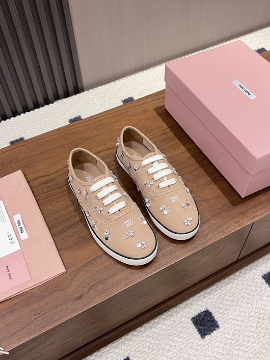 Miu Miu Rhinestone Decor Canvas Casual Flat Comfort Shoes