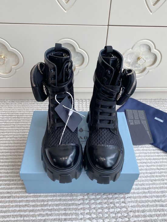 Prada Mesh Leather Chunky Sole Ankle Boots with Removable Pouch