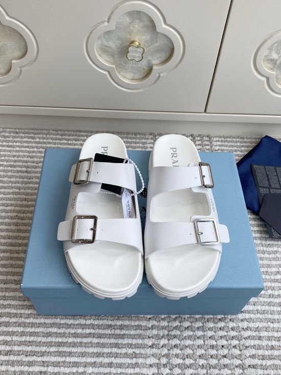 Prada Double Buckle Strap Thick Sole Slides Minimalist Stylish Non Slip Shoes