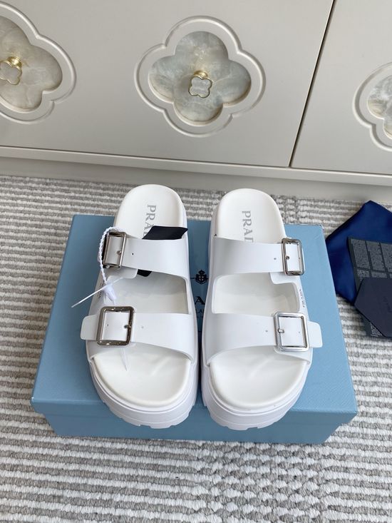 Prada Double Buckle Strap Thick Sole Slides Minimalist Stylish Non Slip Shoes