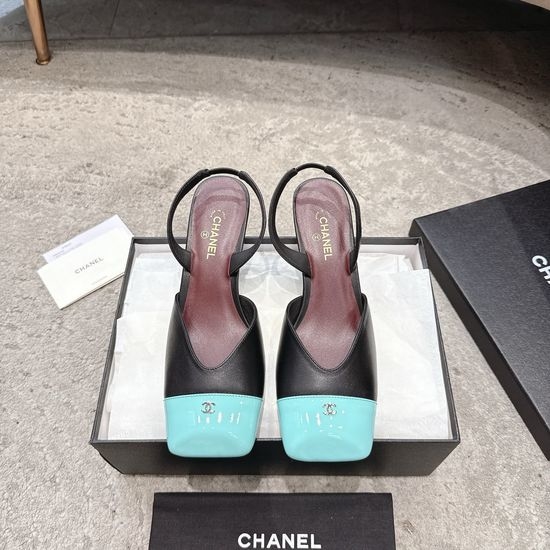 Chanel Color Block Square Toe Low Heel Leather Sandals