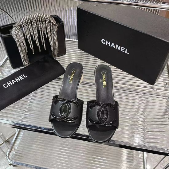 Chanel Elegant Chunky Heel Slide Sandals Premium Leather Upper
