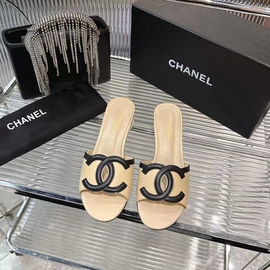 Chanel Elegant Chunky Heel Slide Sandals Premium Leather Upper